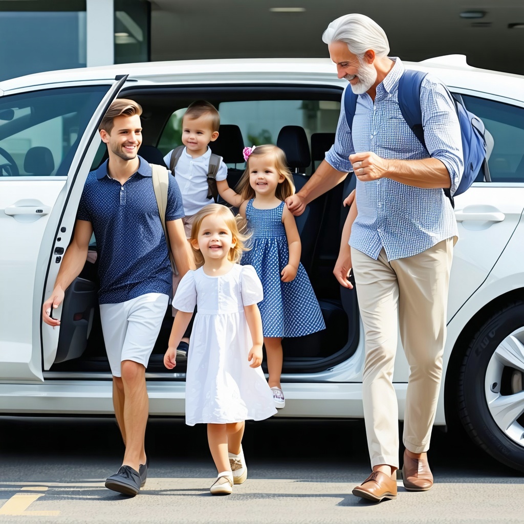 multi generational famiy of eight arriving at a departures terminal by private car service