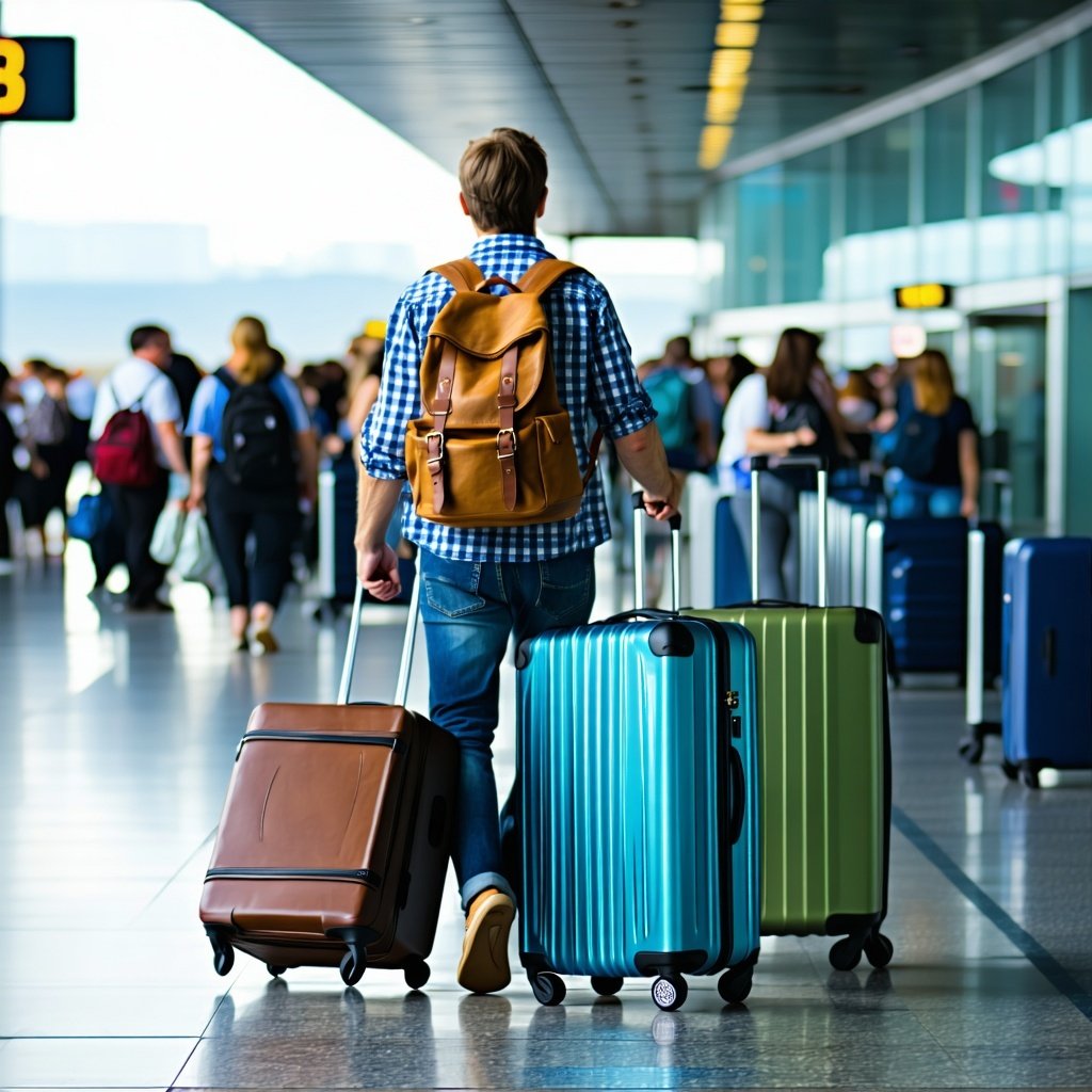 travler with a large amount of luggage in an airport